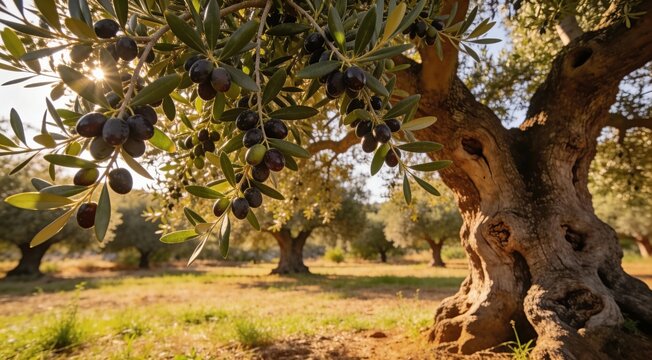 Ancient Olive Tree in Sunny Mediterranean Grove.