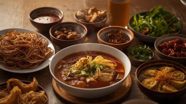 Spicy noodle soup broth with dumpling garnish, chili accented bowl and assorted side dishes