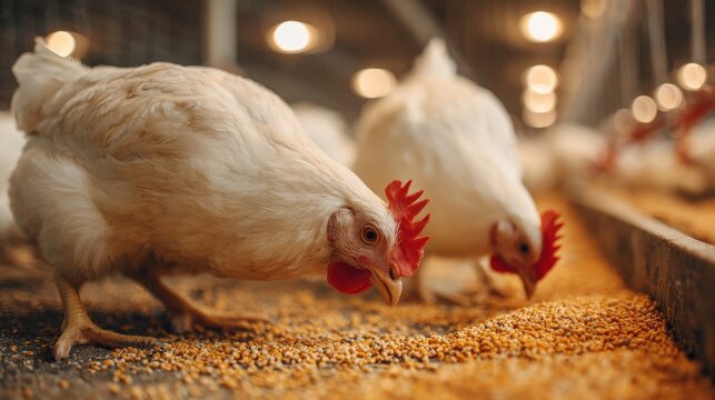 Chickens pecking grains in clean poultry house on blurred background