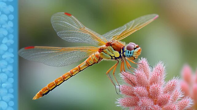 A close-up of a colorful dragonfly perched on a pink flower, with a bokeh background