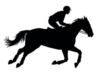 Dynamic Horse and Rider Silhouette featuring a powerful galloping pose captured in a sleek black vector profile for sports and equestrian branding.