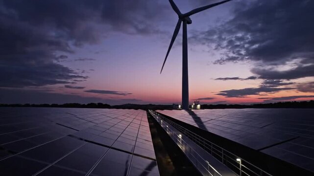 Renewable Energy Panorama. Wind Turbine and Solar Panels at Dusk, Sustainable Power Generation Cinematic Motion Graphic Background 4k video animation seamless loop