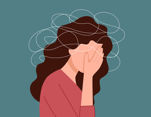 Obraz premium Depressed young woman with hands covering face feeling exhausted and having a breakdown with brain fog, migraine and mental health issues and problems vector illustration