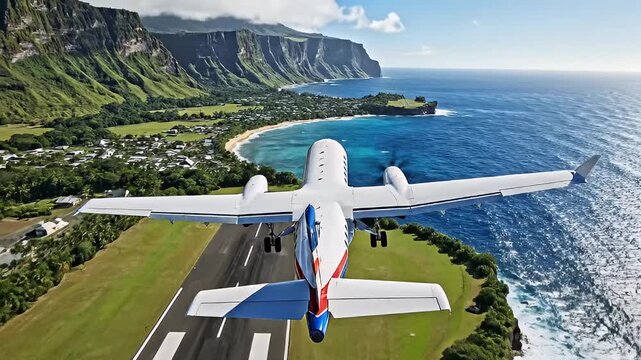 Airplane Taking Off from Coastal Runway.