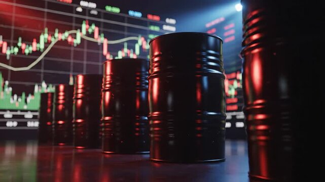 Crude oil barrels with stock market data for investment trading