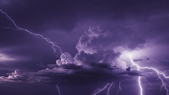 Purple lightning flashes across a cloudy, stormy sky