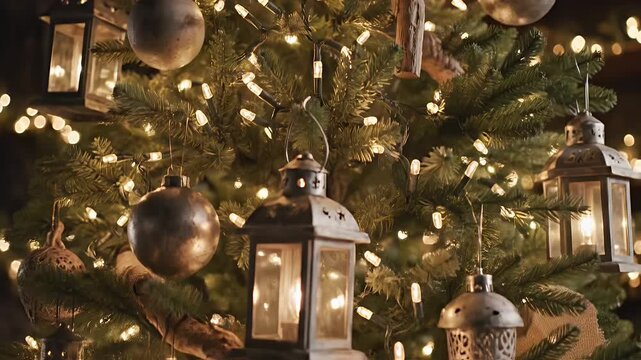 Close up of a decorated christmas tree with warm string lights and vintage lanterns casting a cozy glow during winter