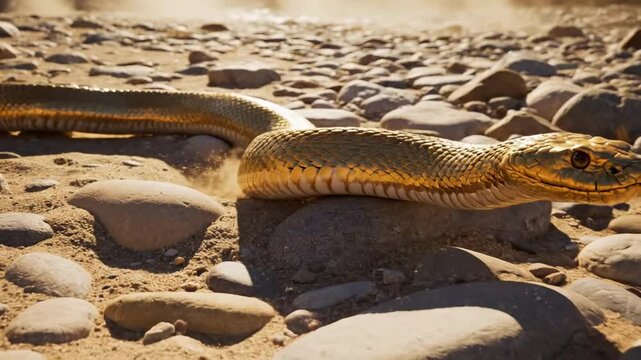 golden snake. A golden snake slithers over smooth river stones, basking under the warm sunlight, highlighting its shimmering scales and vibrant colors against a dry background