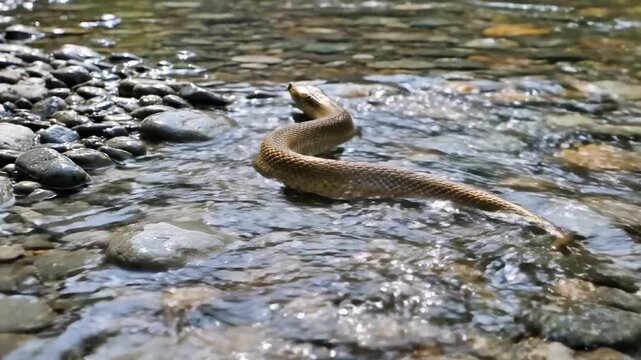golden snake. A golden-colored snake gracefully swims through a shallow stream, surrounded by smooth pebbles and dappled sunlight reflecting off the water's surface