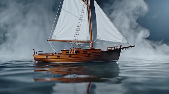 Miniature wooden sailboat model on water against misty backdrop