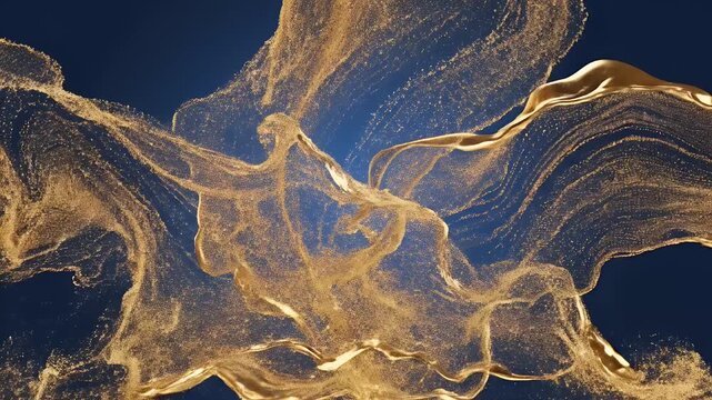 Abstract Golden Liquid Flowing and Splashing Against a Deep Blue Background with Tiny Sparkling Particles