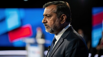 Indian man for political speech, election debate and prepare on stage.