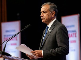 Indian man for political speech, election debate and prepare on stage.