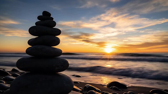 Stack Of Dark Stones On Beach At Sunset With Orange Pink Clouds And Ocean Waves