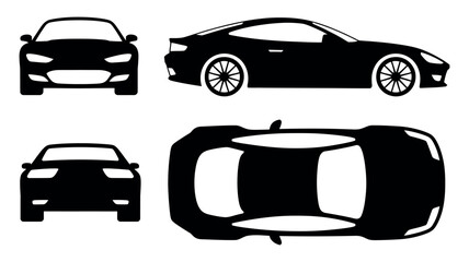 Obraz premium Multi-View Sports Car Silhouette Set featuring sleek black vector outlines of a performance vehicle from side, front, rear, and top perspectives.