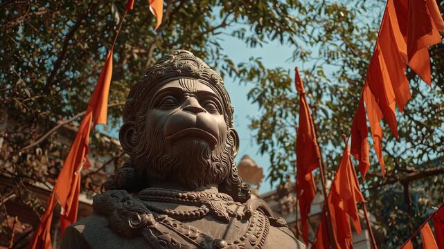 Hanuman Statue Decorated with Flags for Hanuman Jayanti Celebrations in a Sacred Temple Setting
