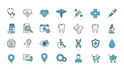 Collection of blue medical and healthcare icons on a white background.
