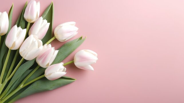 Elegant white tulips bloom brightly against a wash of delicate spring pink.