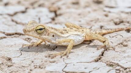 Fototapeta premium A small desert lizard with yellow eyes rests on dry cracked earth in bright sunlight