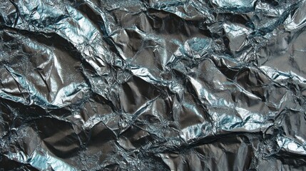A close up view of a crumpled metallic reflective sheeting material with a textured surface