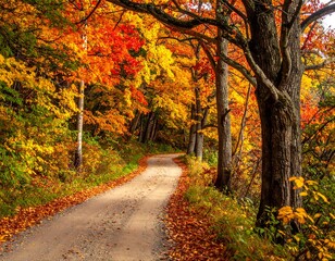 Obraz premium Winding dirt road framed by trees ablaze with vibrant autumn colors, creating a serene woodland scene