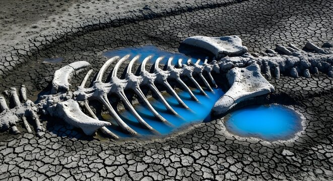 Dinosaur skeleton in a dry, cracked mud puddle, symbolizing extinction and consequences of drought