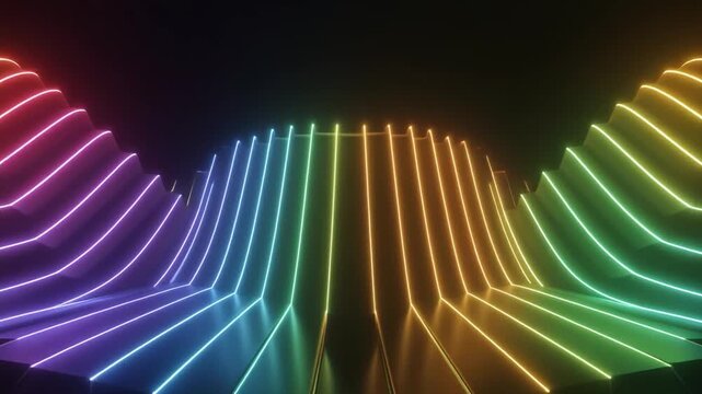 Glowing color bars bending harmonic waves subtle neon light diffusion dark tech background cinematic surreal ethereal ambience cascading softly glowing layers futuristic abstract unique style