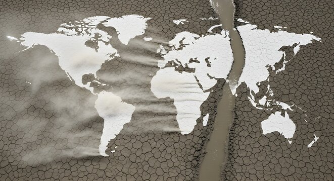 Dry cracked earth forming a world map, highlighting global drought and the urgent need for Earth Day action.