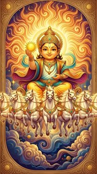 divine child illustration, solar deity artwork, auspicious spiritual art, Divine child sun god illustration, auspicious spiritual artwork with golden aura and celestial horses