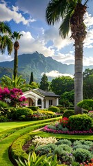 Obraz premium Lush garden with trimmed hedges, diverse flowers, and palm trees before mountains and a blue sky