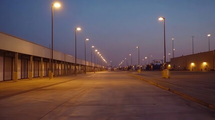 Fototapeta premium Empty industrial loading docks stretch into the distance under streetlights at dusk