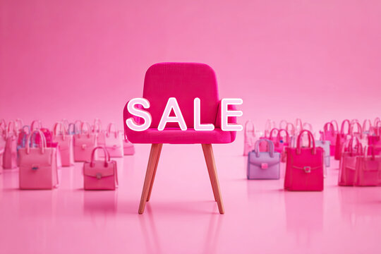 A vibrant pink scene featuring a chair and multiple pink handbags, highlighting a "SALE" promotion, creating a playful and stylish shopping atmosphere.