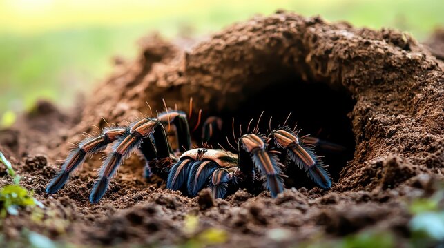 A large hairy tarantula with striking legs emerges slowly from its dark burrow in the ground