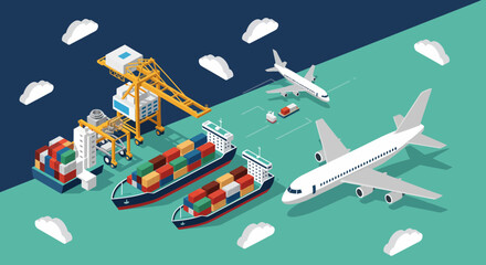 Isometric Cargo Ships Airplanes and Port Cranes. © Islami Konten