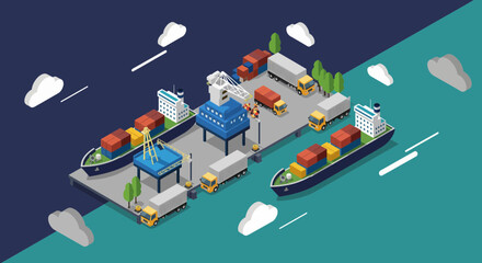 Isometric Cargo Ships Docked at Industrial Port Terminal. © Islami Konten