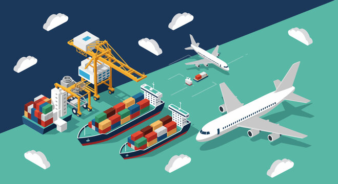 Isometric Cargo Ships Airplanes and Port Cranes.