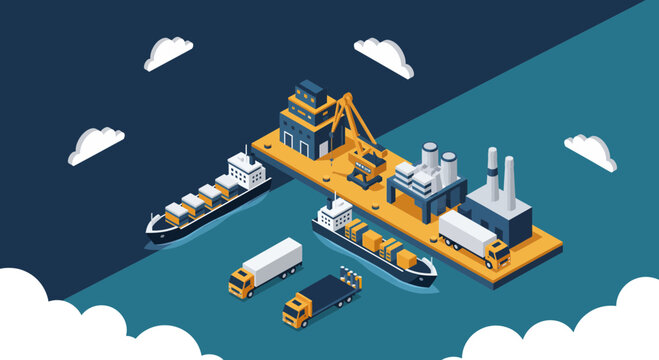 Isometric Industrial Port with Cargo Ships and Trucks.