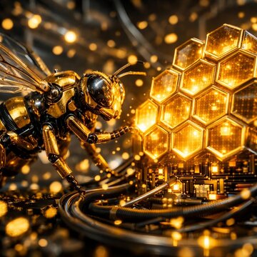Robotic honeybee with glowing golden hexagonal data hive concept