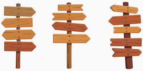 Rustic Wooden Directional Signpost Set featuring multiple empty arrow-shaped boards on timber poles, perfect for custom text and wayfinding designs. © HeLLo WorLd