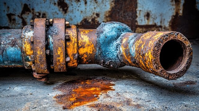 Close up of a rusted industrial pipe with a significant leak staining the concrete floor below