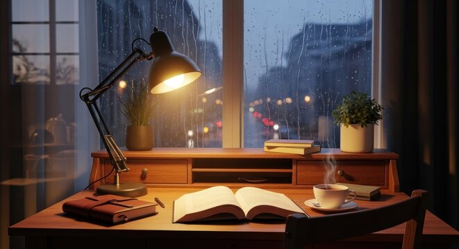 A cozy, dimly lit study with a desk, lamp, and books on a rainy day.