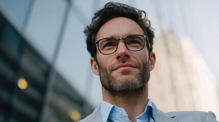 Confident businessman wearing glasses standing in front of glass building.