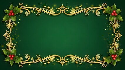 Vintage floral vector border design featuring an ornate Christmas frame with holly berries, gold leaf ornaments, and antique style decorative elements for a retro invitation card illustration