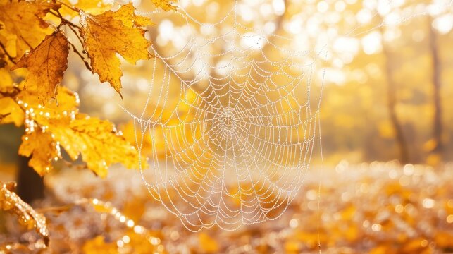 Delicate spiderweb glistening with dew drops in the early morning autumn sunlight