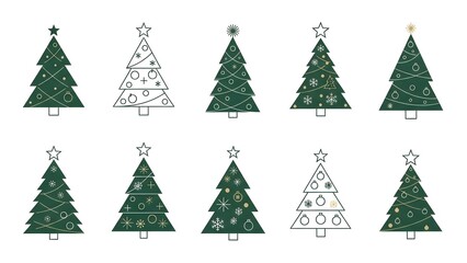 Obraz premium A decorative vector set of green pine and fir Christmas trees with stars and snowflakes for winter holiday celebrations and New Year forest nature illustrations
