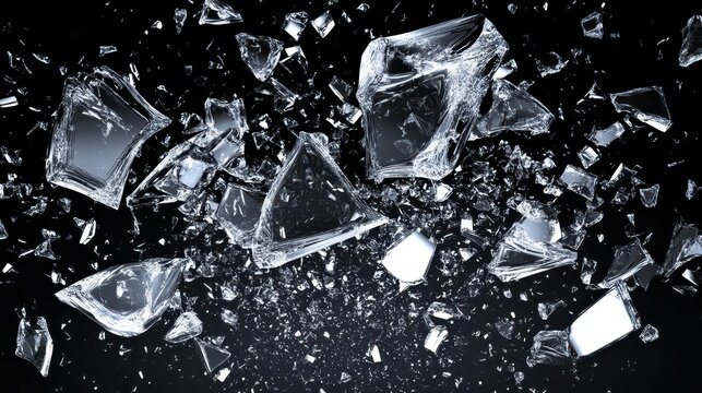 Sharp fragmented glass shards scattered across a dark background illuminated by light