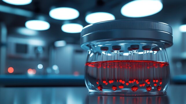 Crimson serum droplets collected in laboratory vials for medical research and scientific testing