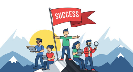 Business team reaching success on mountain top with flag