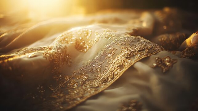 Intricately woven gold threads creating a rich shimmering texture on luxurious fabric bathed in warm sunlight