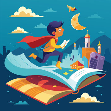 Child joyfully flying on a book as a magic carpet, symbolizing imagination, education, and adventure, vibrant illustration.